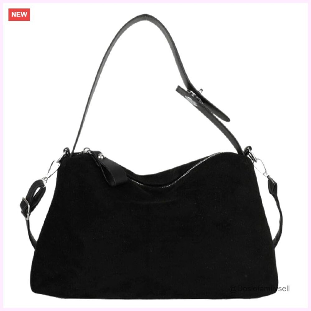 Faux Suede Crescent Crossbody Bag Retro Chic Slouchy Tote Adjustable Strap